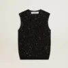 Bluză din tricot negru cu plasă, cu paiete și detalii contrastante