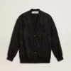 Cardigan negru pentru femei cu broderie cu mărgele în stil „toile de jouy” ton pe ton