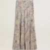 Fustă lungă plisată pentru femei, cu imprimeu floral multicolor cu paiete
