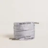 Șireturi din lurex de culoare argintie cu logo negru contrastant