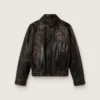 Jachetă bomber pentru femei din piele nappa de culoare burgund închis, cu broderie florală