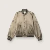 Jachetă bomber unisex din satin verde, cu tivuri și guler cu nervuri
