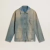 Jachetă din denim pentru bărbați cu efect uzat și fermoar