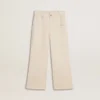 Pantaloni largi cu nervuri, de culoare crem, pentru fete, cu broderie