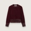Pulover pentru femei cu guler rotund din lână de culoare burgund, cu broderie din strasuri