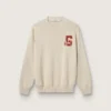 Pulover unisex cu guler rotund din bumbac bej, cu patch pe partea din față și logo pe spate