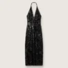 Rochie lungă de damă din tul cu broderie florală din paiete negre