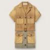Rochie safari pentru femei din bumbac bej și verde militar, cu buzunare maxi
