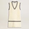 Rochie-vestă din bumbac alb uzat pentru femei, cu borduri albastru închis și cristale