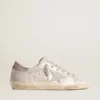 Sneakersi Super-Star din piele cu efect de sclipici gri-alb, cu stea din piele