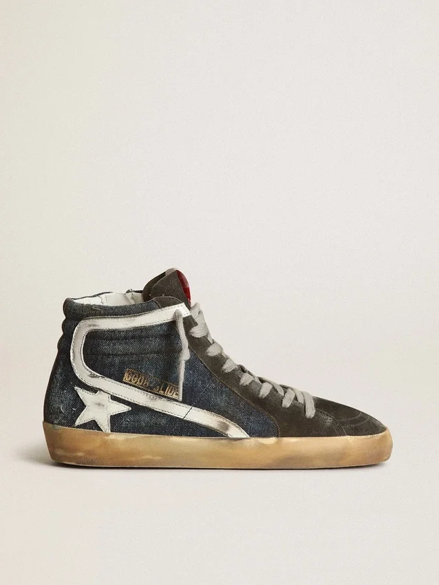 Adidași de tip Slide din denim albastru-închis cu stea din piele albă