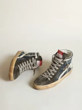 Adidași de tip Slide din denim albastru-închis cu stea din piele albă