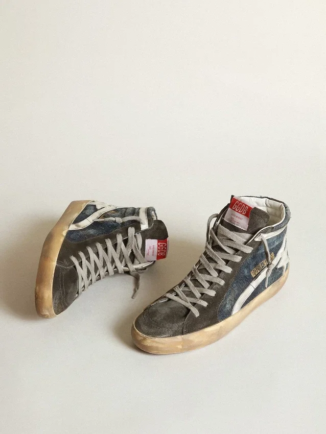 Adidași de tip Slide din denim albastru-închis cu stea din piele albă