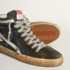 Adidași de tip Slide din denim albastru-închis cu stea din piele albă