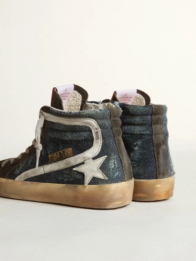 Adidași de tip Slide din denim albastru-închis cu stea din piele albă