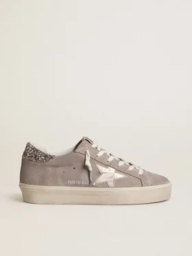 Adidași Hi Star pentru femei din piele de căprioară bej, cu stea din piele laminată și bandă strălucitoare pe călcâi