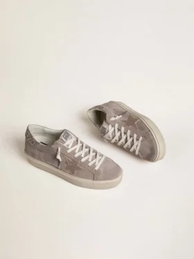 Adidași Hi Star pentru femei din piele de căprioară bej, cu stea din piele laminată și bandă strălucitoare pe călcâi