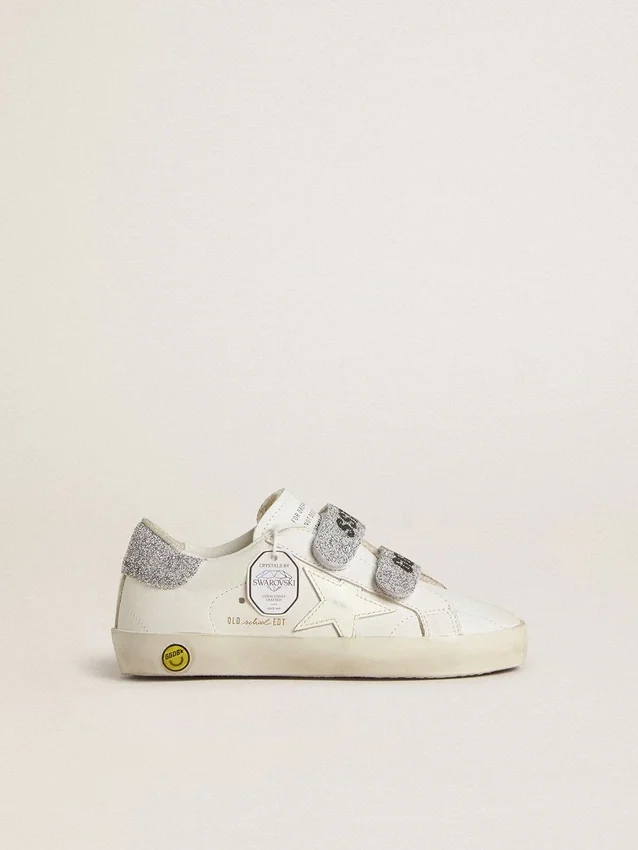 Adidași Junior Old School cu bandă la călcâi și curele cu cristale Swarovski argintii