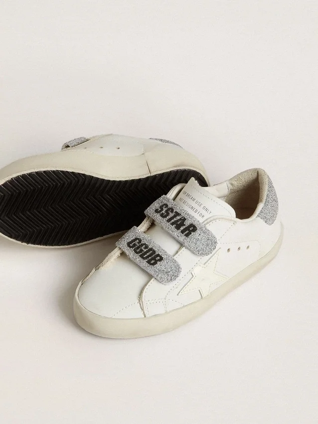 Adidași Junior Old School cu bandă la călcâi și curele cu cristale Swarovski argintii