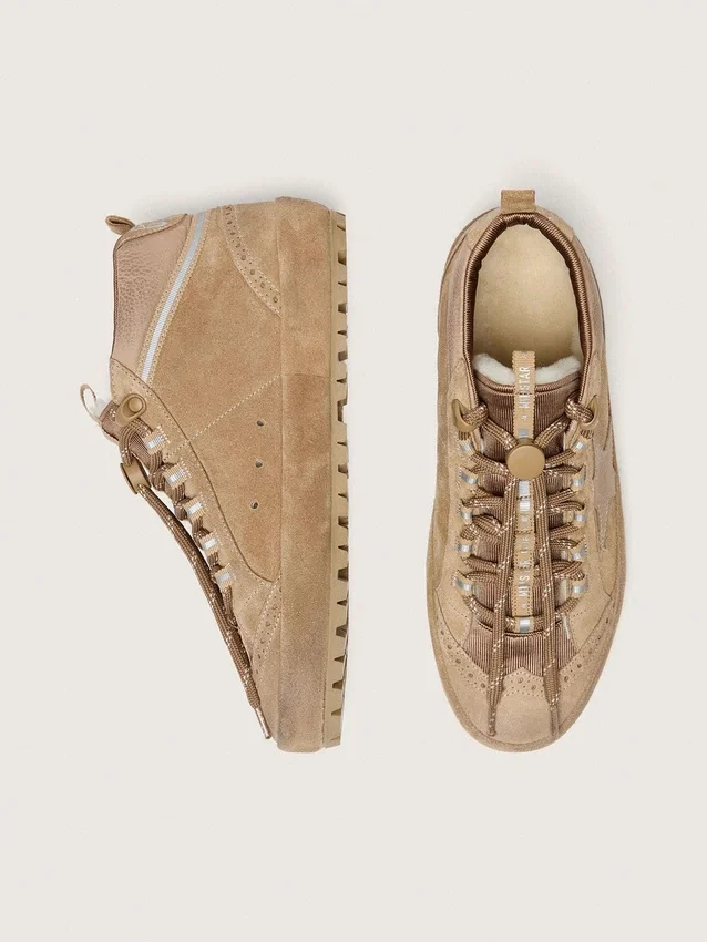 Adidași Mid Star pentru femei din piele de căprioară de culoare caramel, cu stea din nubuc și bandă din piele de căprioară la călcâi