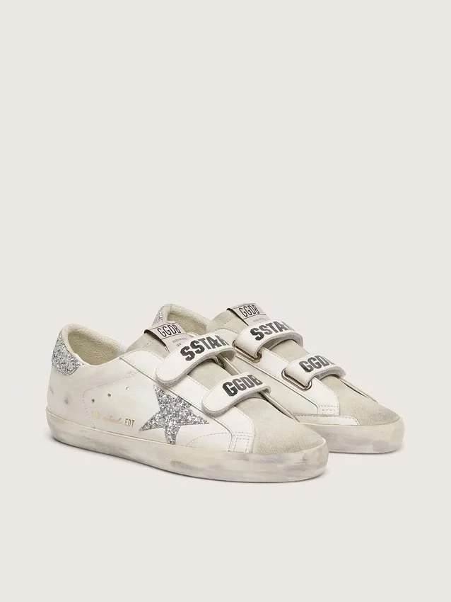 Adidași Old School pentru femei, cu stea argintie cu sclipici și limbă din piele de căprioară gri gheață