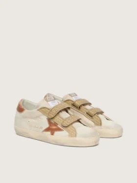 Adidași Old School pentru femei din piele de căprioară de culoare perlată, cu stea din piele roșu cărămiziu și curea din rafie