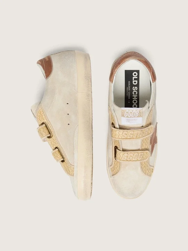 Adidași Old School pentru femei din piele de căprioară de culoare perlată, cu stea din piele roșu cărămiziu și curea din rafie