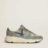 Adidași pentru bărbați cu Running Sole din nailon albastru deschis, cu stea neagră și bandă de călcâi din piele verde