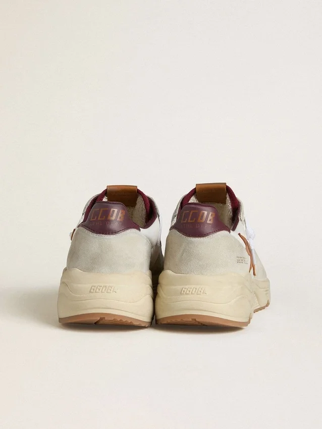 Adidași pentru bărbați cu Running Sole din nailon și piele de căprioară, cu stea din piele maro și bandă de piele la călcâi în nuanță de burgund