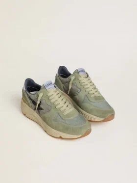 Adidași pentru bărbați cu Running Sole din nailon și piele de căprioară de culoare verde salvie, cu stea neagră imprimată