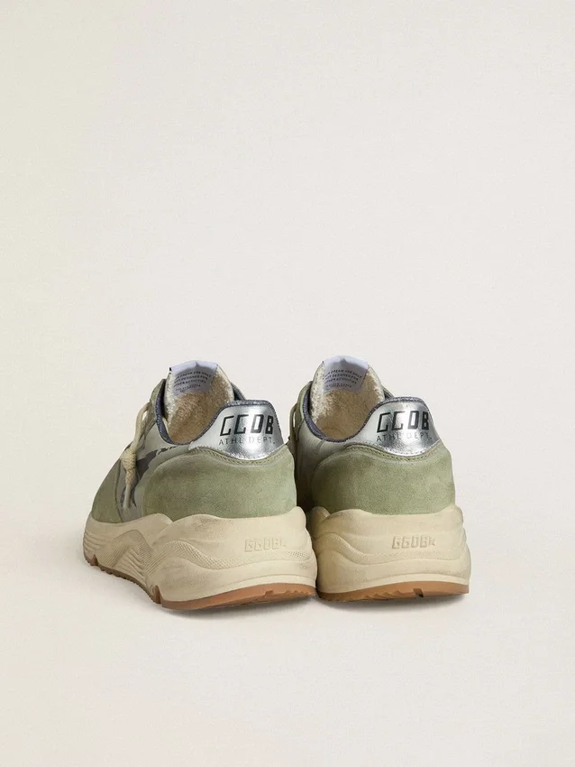Adidași pentru bărbați cu Running Sole din nailon și piele de căprioară de culoare verde salvie, cu stea neagră imprimată