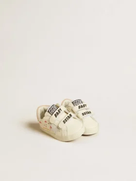 Adidași pentru copii din piele nappa cu motiv de trandafir roz și stea din piele de căprioară albă