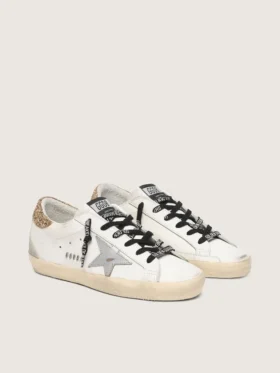 Adidași Super-Star din piele albă pentru femei, cu bandă strălucitoare pe călcâi