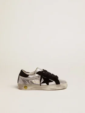 Adidași Super-Star din piele argintie cu inserții din piele de căprioară