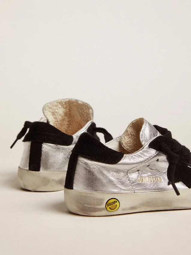 Adidași Super-Star din piele argintie cu inserții din piele de căprioară