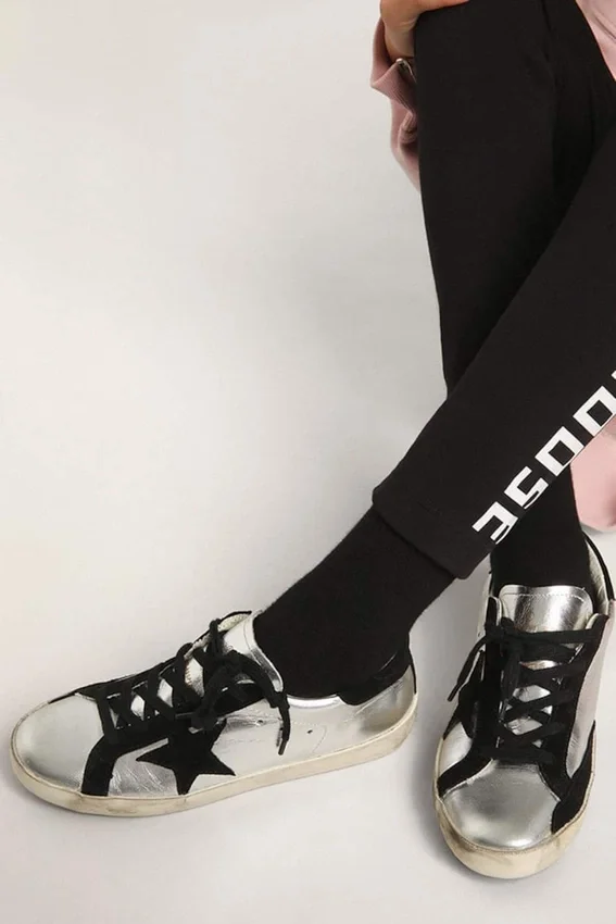 Adidași Super-Star din piele argintie cu inserții din piele de căprioară