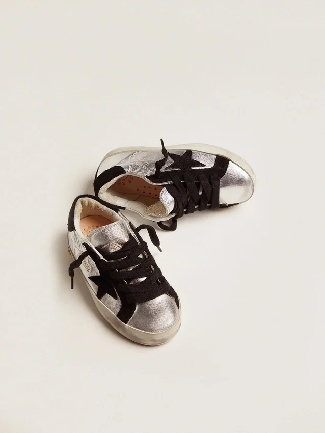 Adidași Super-Star din piele argintie cu inserții din piele de căprioară
