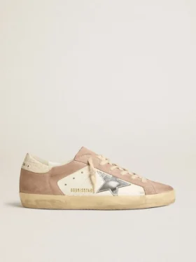 Adidași Super-Star pentru femei din piele de căprioară roz cu stea din piele metalizată argintie