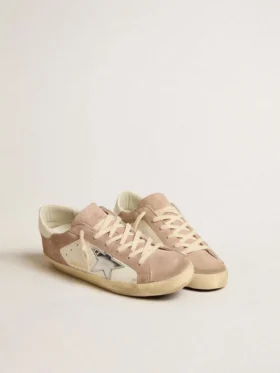 Adidași Super-Star pentru femei din piele de căprioară roz cu stea din piele metalizată argintie