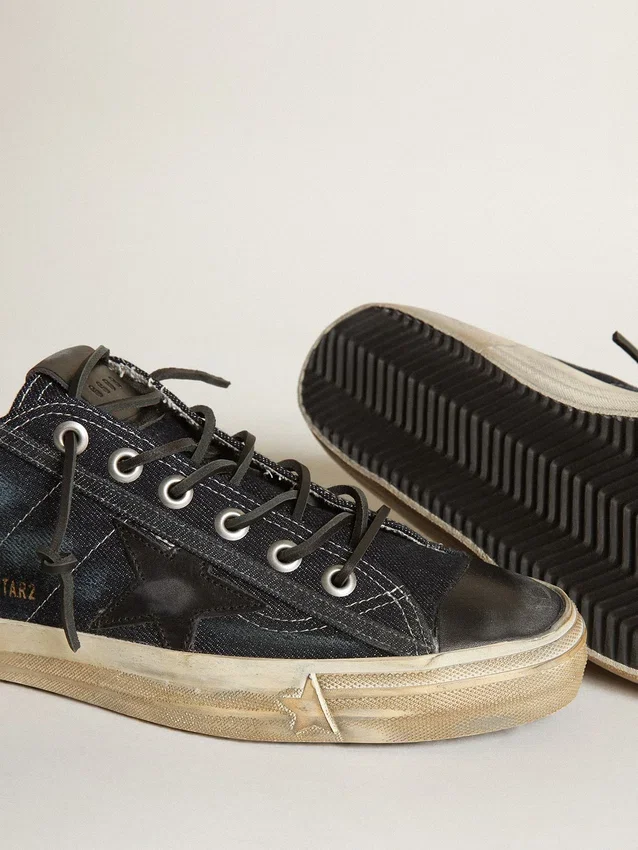 Adidași V-Star din denim albastru-închis, cu stea și vârf din piele neagră