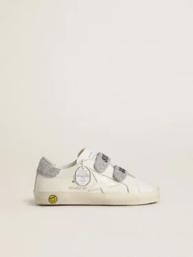Adidași Young Old School din piele albă, cu bandă la călcâi și curele cu cristale Swarovski argintii