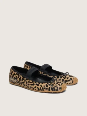 Balerini Étoile din piele de ponei cu imprimeu leopard, cu stea brodată neagră și curea elastică