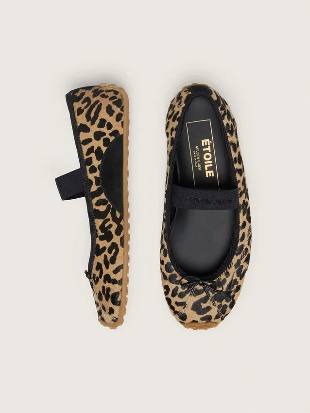 Balerini Étoile din piele de ponei cu imprimeu leopard, cu stea brodată neagră și curea elastică