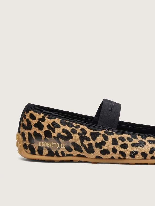 Balerini Étoile din piele de ponei cu imprimeu leopard, cu stea brodată neagră și curea elastică