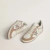 Ball Star LTD din piele nappa albă și piele de căprioară roz vechi, cu stea din piele argintie metalizată și bandă la călcâi