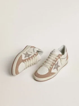 Ball Star LTD din piele nappa albă și piele de căprioară roz vechi, cu stea din piele argintie metalizată și bandă la călcâi
