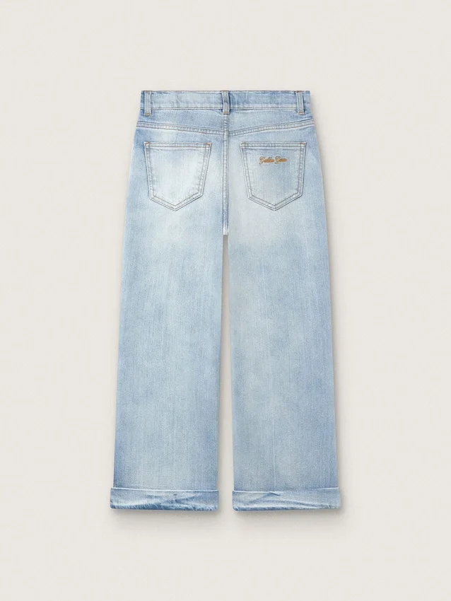 Blugi bootcut pentru fete Golden, din denim albastru deschis, cu logo brodat