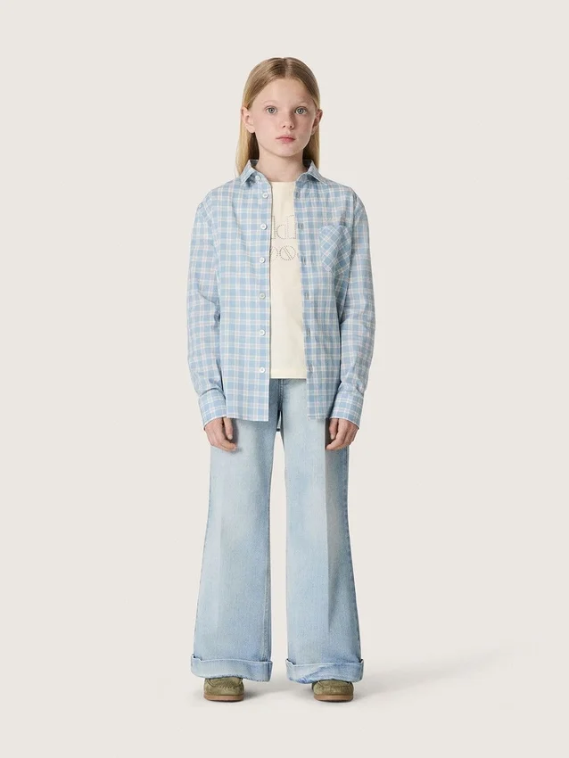 Blugi bootcut pentru fete Golden, din denim albastru deschis, cu logo brodat