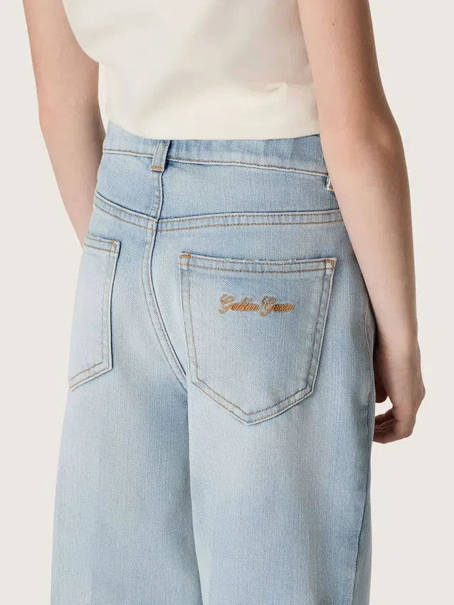 Blugi bootcut pentru fete Golden, din denim albastru deschis, cu logo brodat