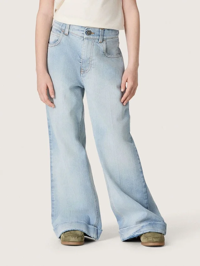 Blugi bootcut pentru fete Golden, din denim albastru deschis, cu logo brodat